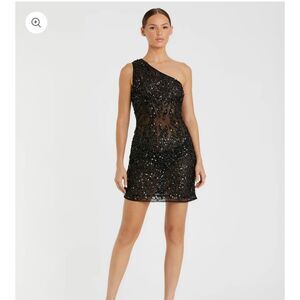 MAC DUGGAL Black One Shoulder Sheer Hand Beaded Mini Dress size 6 NWT